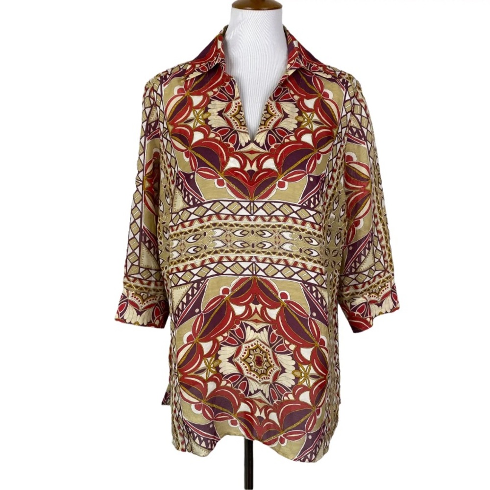 Talbots Silk Linen Blend Tunic Top 3/4 Sleeve Semi-sheer 14WP